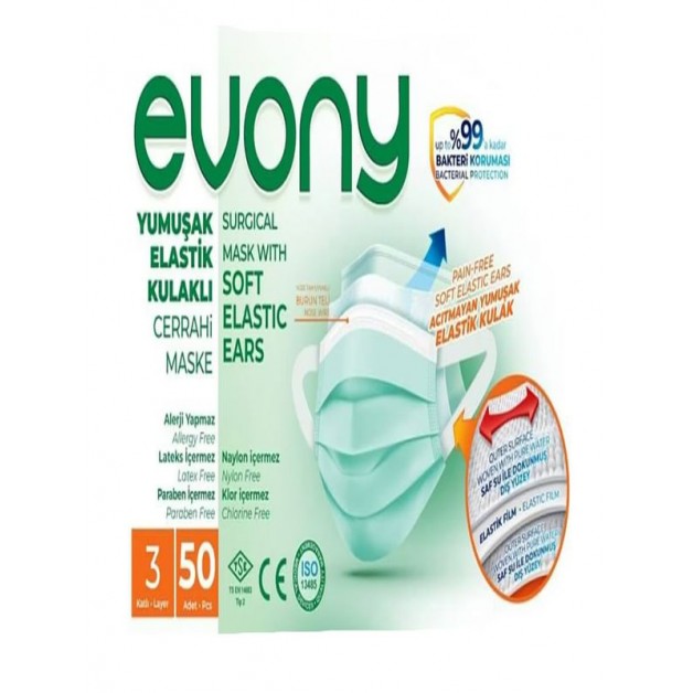 Evony Tıbbi Maske & Yeşil Yüz Maskesi 50li